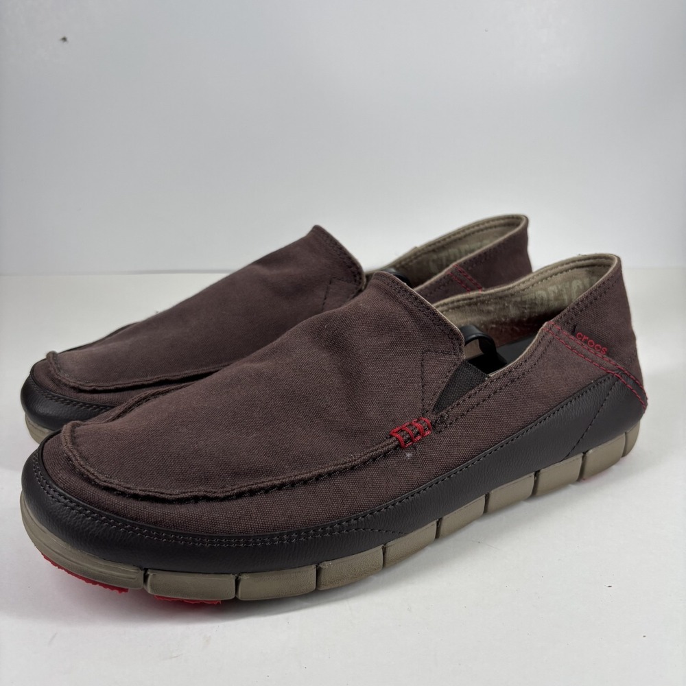 Crocs Stretch Sole Men's US 13 Espresso/Khaki Canvas Comfort Slip-On Loafers